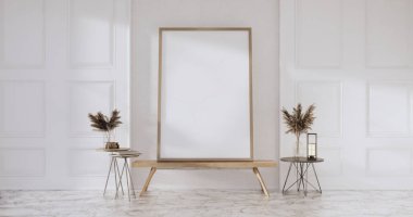 3D odanın beyaz duvarındaki boş resim çerçevesini düzenle