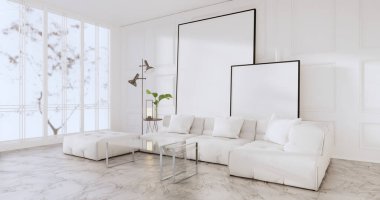 3D odanın beyaz duvarındaki boş resim çerçevesini düzenle