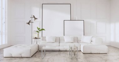 3D odanın beyaz duvarındaki boş resim çerçevesini düzenle