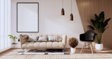 3D odanın beyaz duvarındaki boş resim çerçevesini düzenle