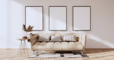 3D odanın beyaz duvarındaki boş resim çerçevesini düzenle