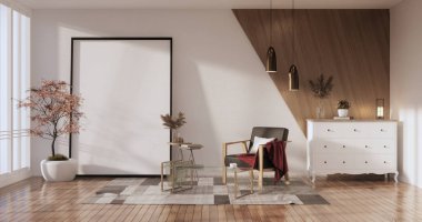 3D odanın beyaz duvarındaki boş resim çerçevesini düzenle