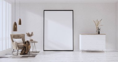 3D odanın beyaz duvarındaki boş resim çerçevesini düzenle