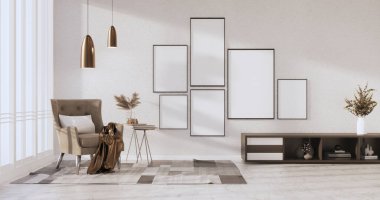 3D odanın beyaz duvarındaki boş resim çerçevesini düzenle