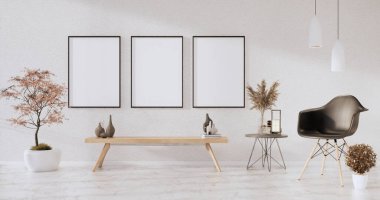 3D odanın beyaz duvarındaki boş resim çerçevesini düzenle