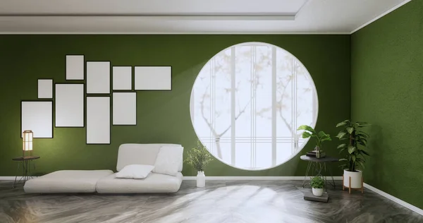 Interior Minimalista Sofá Móveis Plantas Design Sala Verde Moderna Renderização — Fotografia de Stock