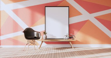 Oturma odasında turuncu ve kırmızı duvar. İki ton renkli tasarım 3D.