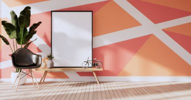 Oturma odasında turuncu ve kırmızı duvar. İki ton renkli tasarım 3D.