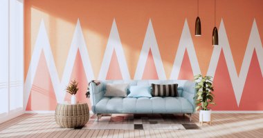 Oturma odasında turuncu ve kırmızı duvar. İki ton renkli tasarım 3D.