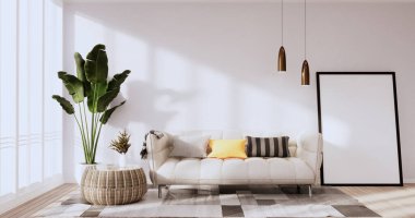 3D odanın beyaz duvarındaki boş resim çerçevesini düzenle