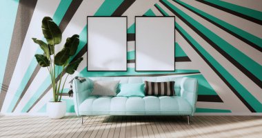 Oturma odasındaki siyah ve nane duvarı iki renkli dizayn 3D