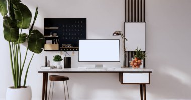 Ofis masasını düzenle. Modern ofis odasında boş bir bilgisayar ekranı. 3d oluşturma