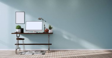 Ofis masasını düzenle. Modern odadaki boş bilgisayar ekranı. 3d oluşturma