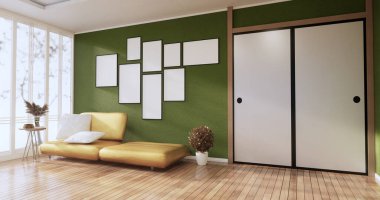 İç mekan, oturma odası modern minimalist kanepe ve bitkiler, yeşil duvarda lamba ve granit döşeme 3D döşeme