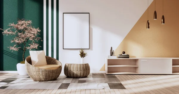 客厅的深绿色和棕色墙壁上有两种色调的彩色图案 3D渲染 — 图库照片