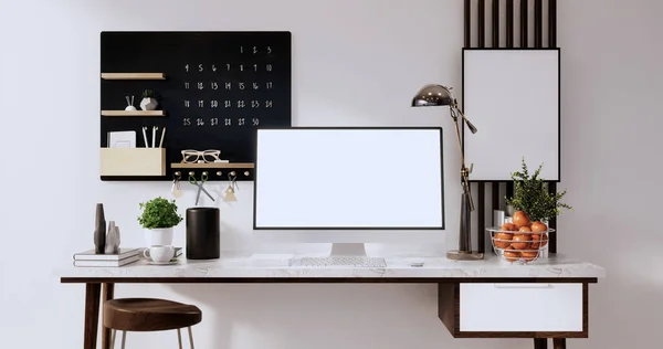 Bürotisch Schreibtisch Attrappe Leerer Computerbildschirm Büro Modernes Zimmer Darstellung — Stockfoto
