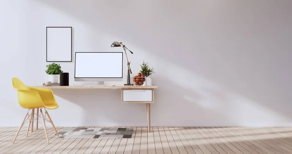 Prepara Escritorio Oficina Pantalla Computadora Blanco Habitación Moderna Oficina Renderizado — Foto de Stock