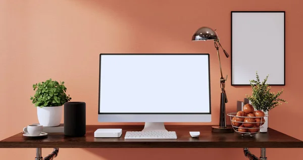 사무실 책상을 만들어 주황색 사무실 현대식 컴퓨터 렌더링 — 스톡 사진