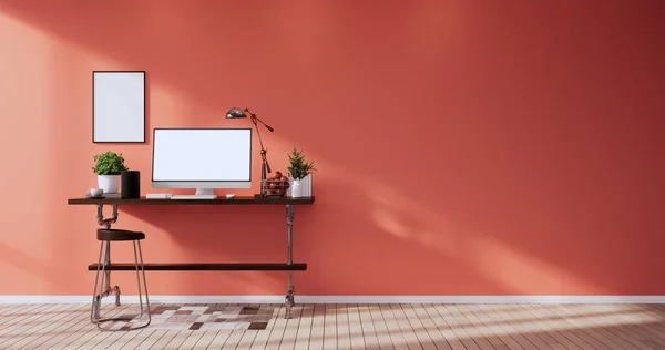 Verpest Kantoortafel Bureau Blanco Computerscherm Oranje Kantoor Moderne Kamer Destructie — Stockfoto