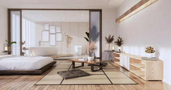 Modern Zen Yatağı Japon Yatak Odasındaki Decoartion Bitkileri Görüntüleme — Stok fotoğraf