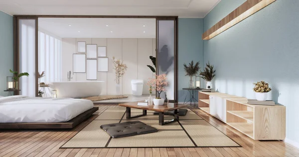 Cama Moderna Mint Zen Plantas Decoarción Dormitorio Japonés Renderizado — Foto de Stock