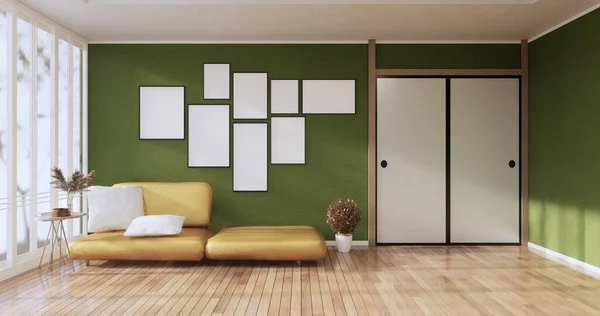 客厅现代简约主义者有沙发和植物 绿色墙壁上的灯和花岗岩地板 3D渲染 — 图库照片