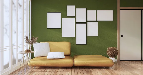 Interiér Obývací Pokoj Moderní Minimalista Pohovku Rostliny Lampa Zelené Stěně — Stock fotografie