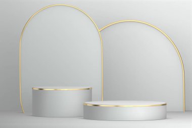 Modern beyaz arka plan ve beyaz podyum kozmetik ürün geometrisini gösteriyor. 3B görüntüleme