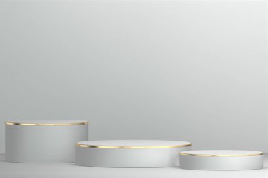 Modern beyaz arka plan ve beyaz podyum kozmetik ürün geometrisini gösteriyor. 3B görüntüleme