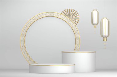 Modern beyaz arka plan ve beyaz podyum kozmetik ürün geometrisini gösteriyor. 3B görüntüleme