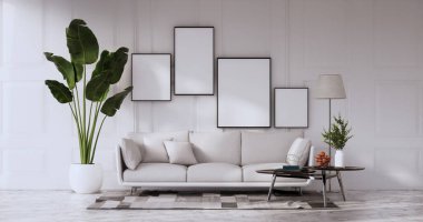 3D odanın beyaz duvarındaki boş resim çerçevesini düzenle