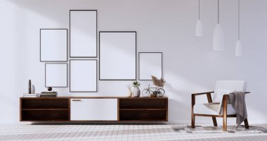 3D odanın beyaz duvarındaki boş resim çerçevesini düzenle