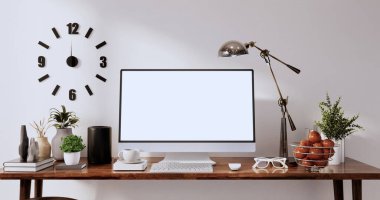 Ofis masasını düzenle. Modern ofis odasında boş bir bilgisayar ekranı. 3d oluşturma