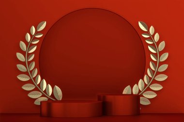 Ürün için kırmızı podyum minimum geometrik tasarım 3D görüntüleme