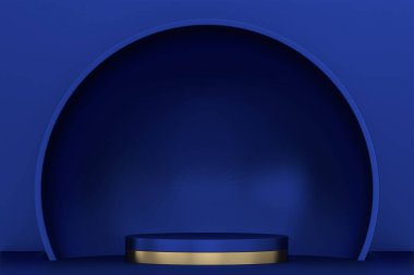 Sunum için mavi arka planda mavi kaide. 3B görüntüleme