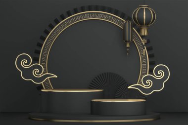 Siyah podyum arka planda minimal tasarım. 3B görüntüleme