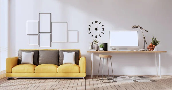 Prepara Escritorio Oficina Pantalla Computadora Blanco Habitación Moderna Oficina Renderizado —  Fotos de Stock