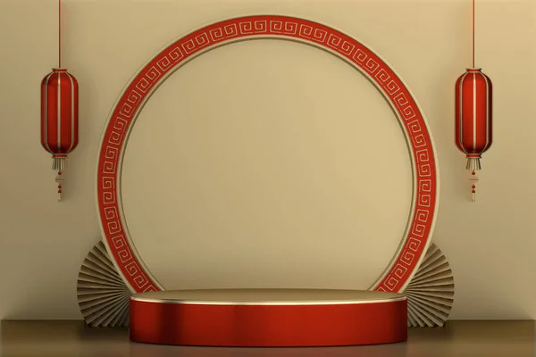 Ürün Için Kırmızı Podyum Minimum Geometrik Tasarım Görüntüleme — Stok fotoğraf