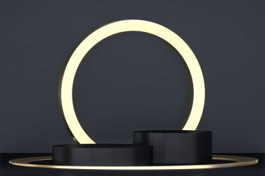 Soyut siyah podyum kozmetik ürünler gösteriyor. 3B görüntüleme