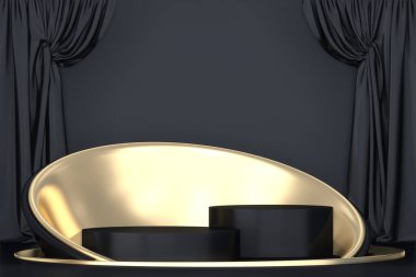 Soyut siyah podyum kozmetik ürünler gösteriyor. 3B görüntüleme