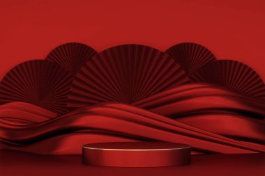 Moda ürünü arka planı ve boş arkaplan ile kırmızı podyum görüntüsü .3D görüntüleme