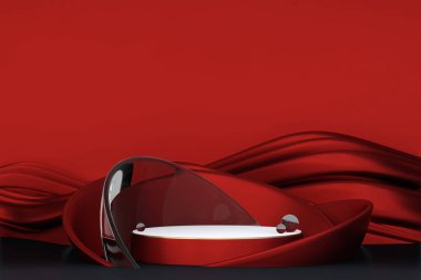 Moda ürünü arka planı ve boş arkaplan ile kırmızı podyum görüntüsü .3D görüntüleme