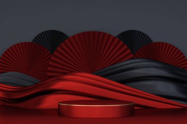 Moda ürünü arka planı ve boş arkaplan ile kırmızı podyum görüntüsü .3D görüntüleme