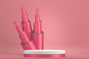 Podyum gösterisi için pembe podyum minimalist maketi. 3B görüntüleme