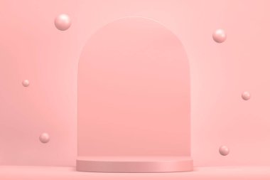 Podyum gösterisi için pembe podyum minimalist maketi. 3B görüntüleme