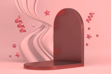 Podyum gösterisi için pembe podyum minimalist maketi. 3B görüntüleme