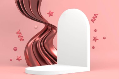 Podyum gösterisi için pembe podyum minimalist maketi. 3B görüntüleme