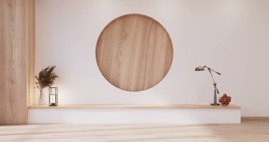 Boş oturma odasının duvar tasarımı Japon deisgn Japon ahşap zeminiyle. 3B görüntüleme