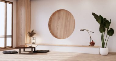 Boş oturma odasının duvar tasarımı Japon deisgn Japon ahşap zeminiyle. 3B görüntüleme