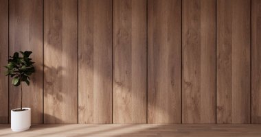 Boş oturma odasının duvar tasarımı Japon deisgn Japon ahşap zeminiyle. 3B görüntüleme